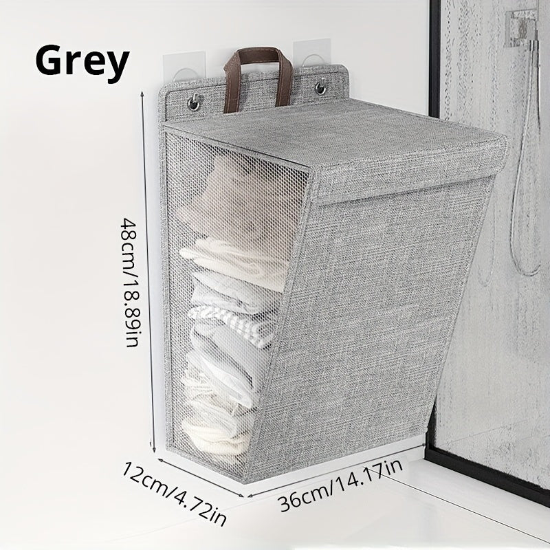 Foldable Laundry Basket Wall Mounted Organizer Gray Polyester Adjustable Strap