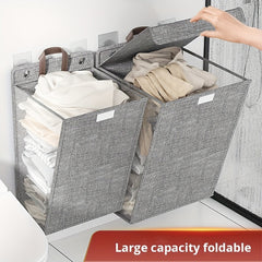 Foldable Laundry Basket Wall Mounted Organizer Gray Polyester Adjustable Strap