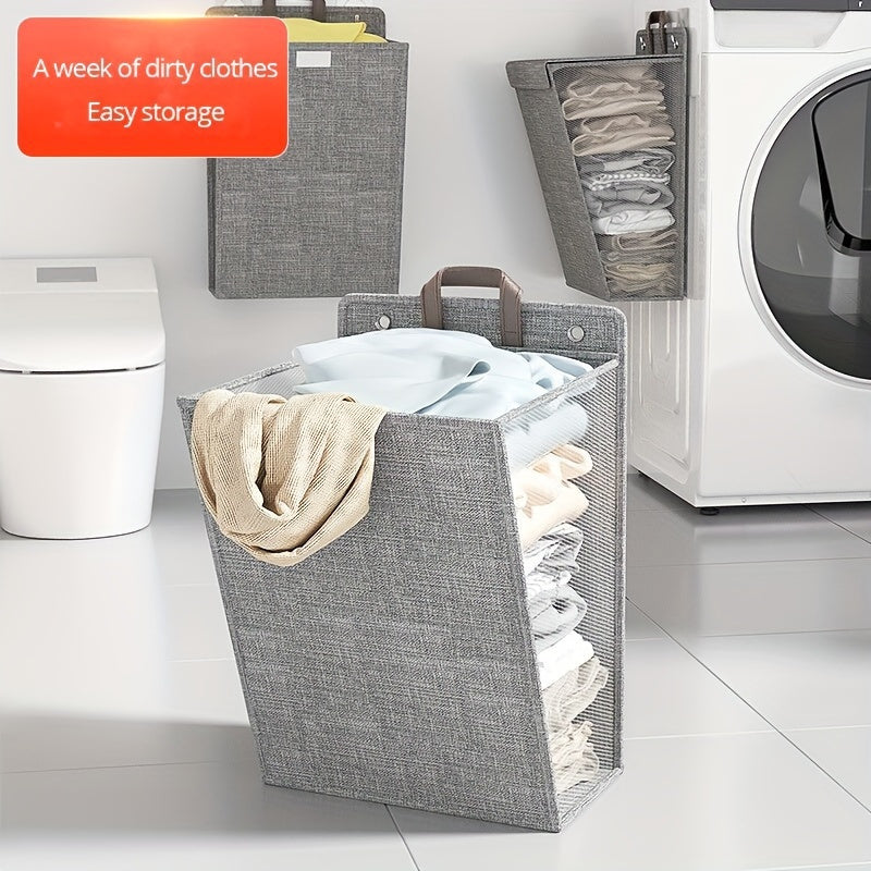Foldable Laundry Basket Wall Mounted Organizer Gray Polyester Adjustable Strap