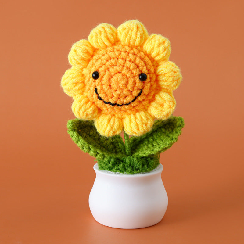 Crochet Sunflower Figurines 5mm Yarn Colorful Flower Pot Ornaments
