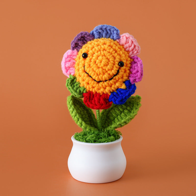 Crochet Sunflower Figurines 5mm Yarn Colorful Flower Pot Ornaments