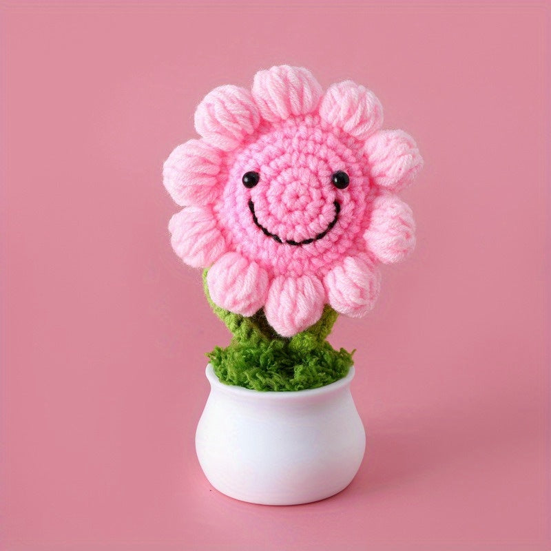 Crochet Sunflower Figurines 5mm Yarn Colorful Flower Pot Ornaments
