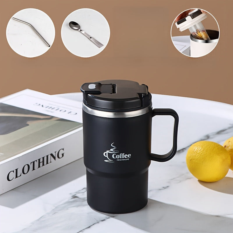 Stainless Steel Insulated Coffee Cup with Lid Spoon Reusable Multifunctional Cup