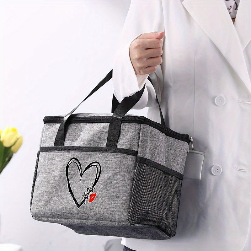 Insulated Lunch Bag Love MAMA Portable Cooler Tote Grey Thermal Food