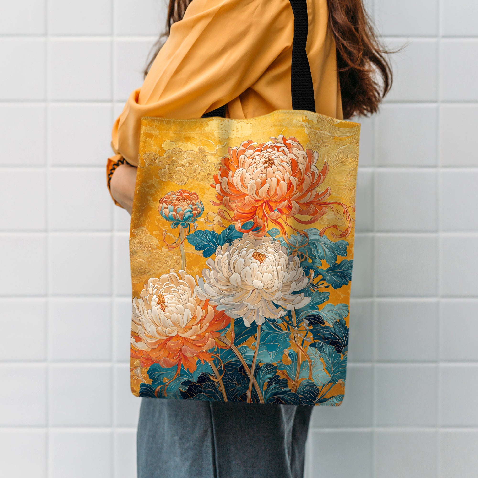 Chrysanthemum Floral Tote Bag in Orange