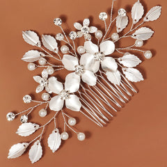 Bride Wedding Flower Hair Comb Silvery Faux Pearl Headpiece