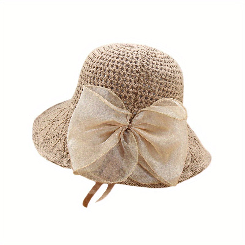 Bow Decor Bucket Hat Hollow Crochet Breathable Basin Hat Sun Hat