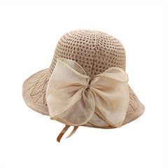 Bow Decor Bucket Hat Hollow Crochet Breathable Basin Hat Sun Hat