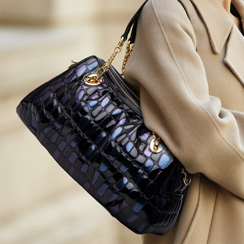 Floral Print Small Shoulder Bag Navy Zipper Closure