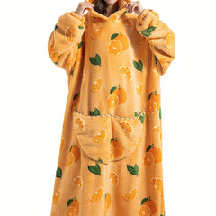 Women's Plus Size Orange Pattern Flannel Hoodie Nightgown