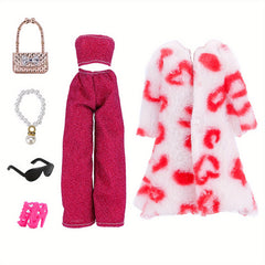 Doll Dress Outfit Set Coat T shirt Pants Skirt with Shoes Glasses Bag Shoe Set