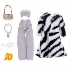 Doll Dress Outfit Set Coat T shirt Pants Skirt with Shoes Glasses Bag Shoe Set