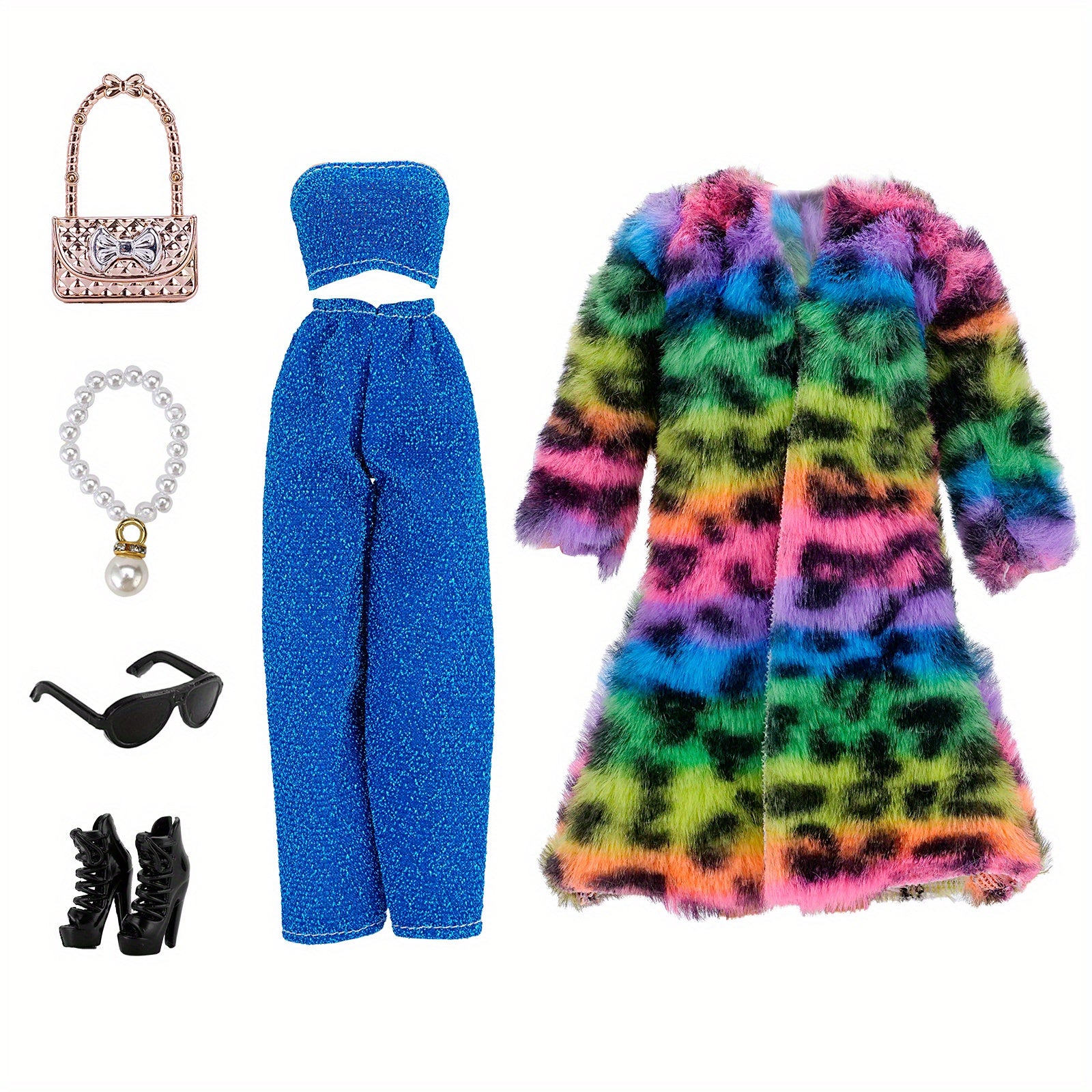 Doll Dress Outfit Set Coat T shirt Pants Skirt with Shoes Glasses Bag Shoe Set