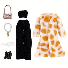 Doll Dress Outfit Set Coat T shirt Pants Skirt with Shoes Glasses Bag Shoe Set