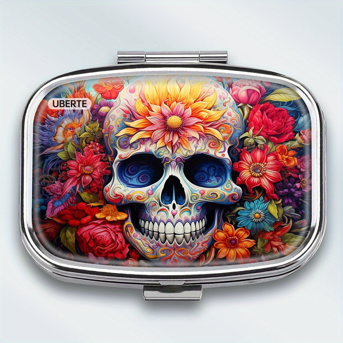 Skull Pattern Metal Case Medication Organizer 2 Compartment Mini Storage Box