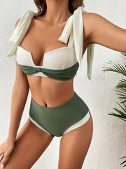 Bow Tie Shoulder Straps Bikini Set V Neck High Waist Two Piece Swimsuit