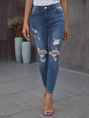High Stretch Skinny Jeans Whiskering Knee Cut Distressed Denim Pants