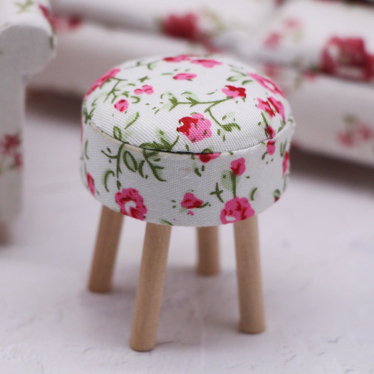 Dollhouse Stools Set Wooden Furniture with Tablecloths for Home Decor