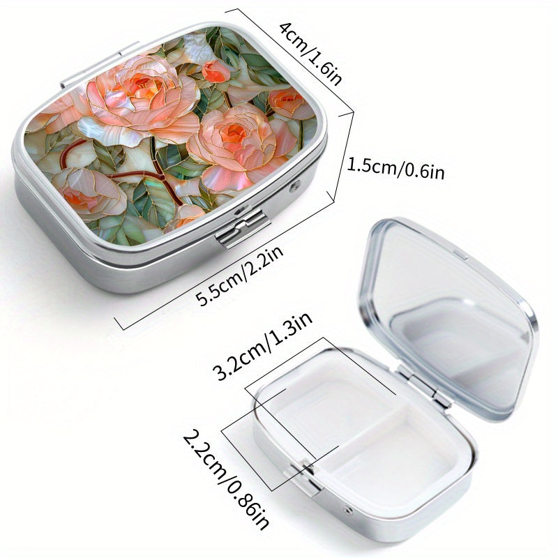 Floral Print Pill Organizer Set Metal Medicine Box 3 Compartment Round 2 Com
