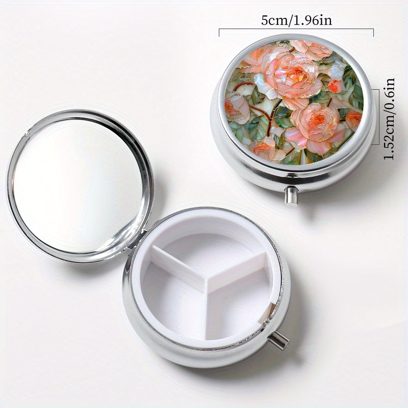 Floral Print Pill Organizer Set Metal Medicine Box 3 Compartment Round 2 Com