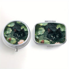 2pcss Cat Pattern Pill Box Set Round & Square Mini Portable Medicine Box
