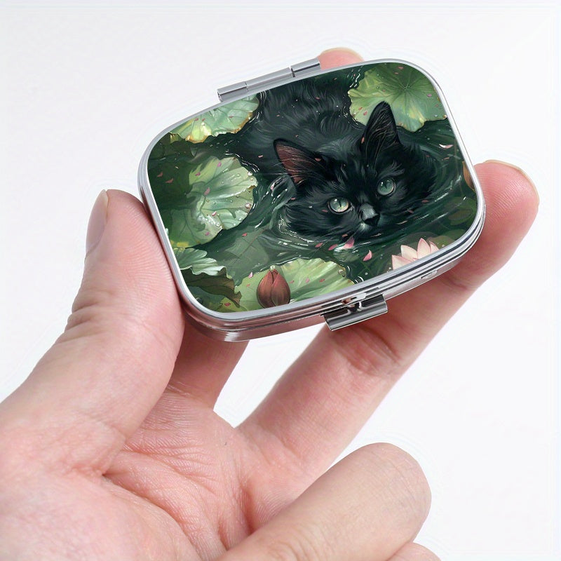 2pcss Cat Pattern Pill Box Set Round & Square Mini Portable Medicine Box