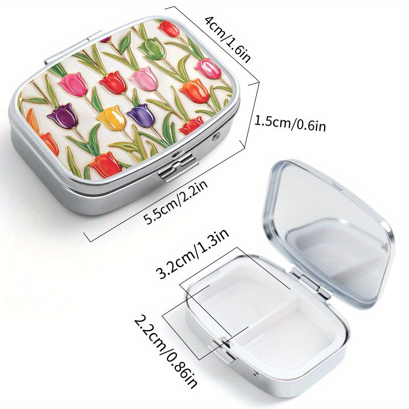 2pcs Tulip Pattern Pill Boxes Portable Medicine Case 3 Compartments for Travel