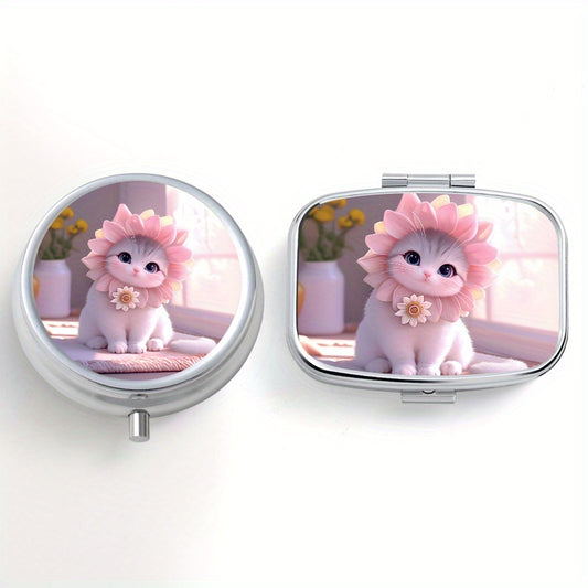 2pcs Floral Cat Pill Organizer Set - Round & Square, Travel Friendly