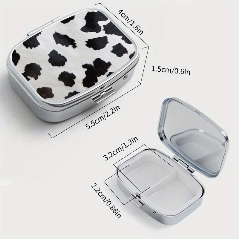 Cow Print Pill Organizer 2 Compartment Metal Box for Travel & Outdoors