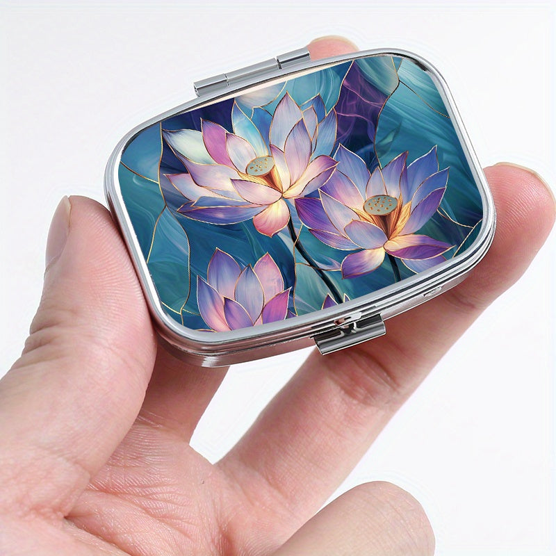 Glass Lotus Print Pattern Medicine Box Two Compartment Pill Box