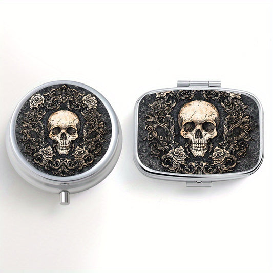 Gothic Skull Print Pill Organizer Set 3 Compartment Round Box 2 Compartment