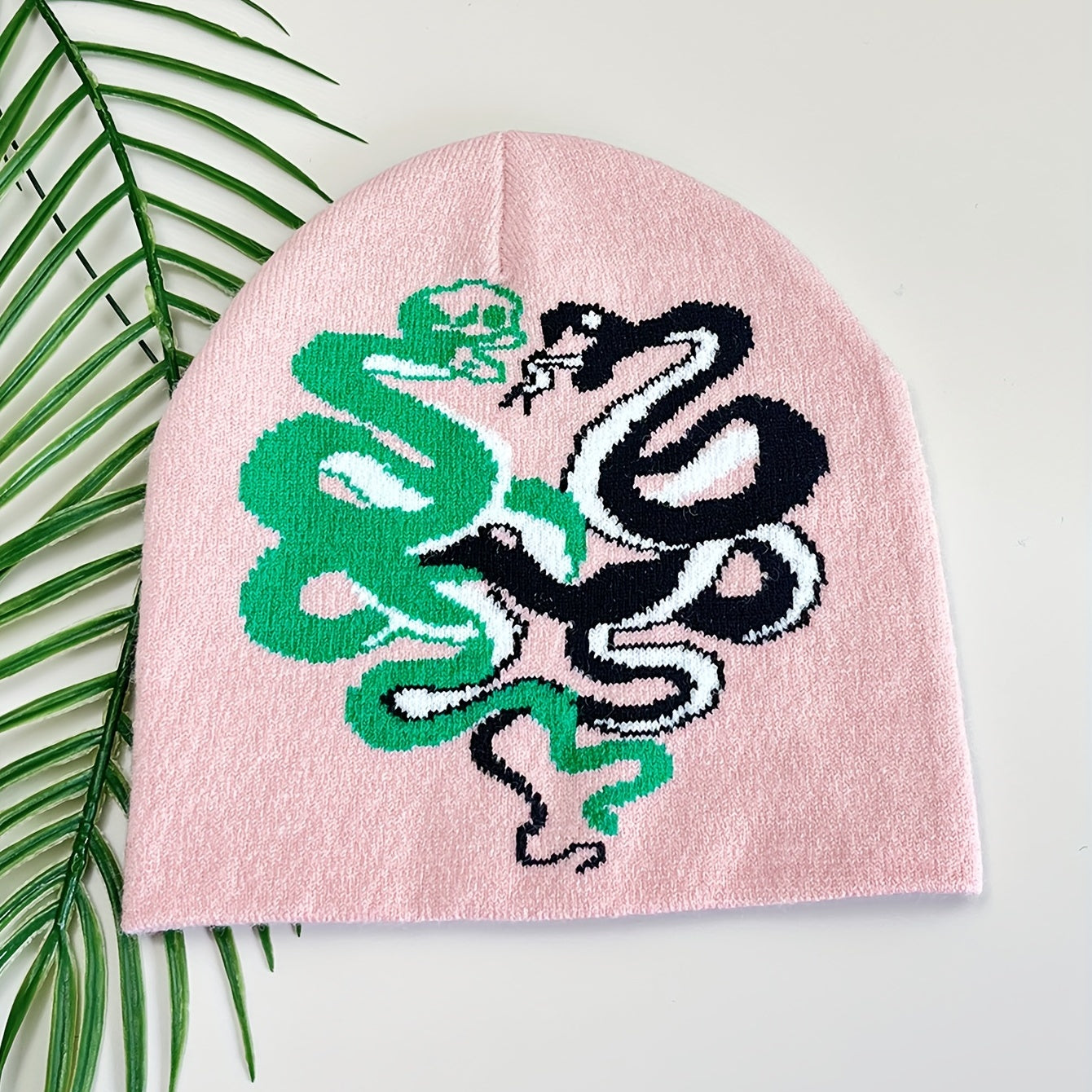 Pink Snake Jacquard Beanie Hat Soft Knit Hip Hop Cap