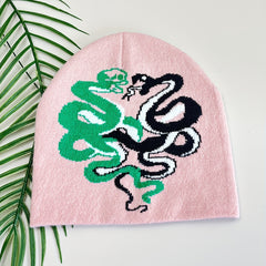 Pink Snake Jacquard Beanie Hat Soft Knit Hip Hop Cap