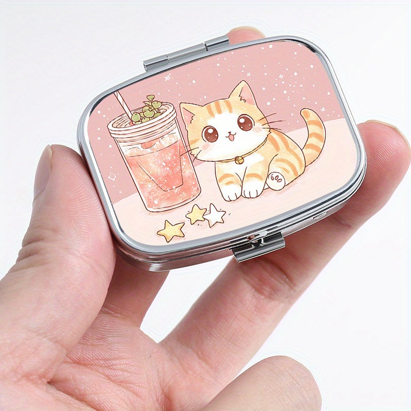 Cat Print Drink Square Pill Box Dual Compartment Metal Medicine Case