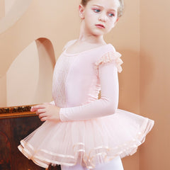 Cotton Girls Flutter Trim Long Sleeve Ballet Leotard Dress