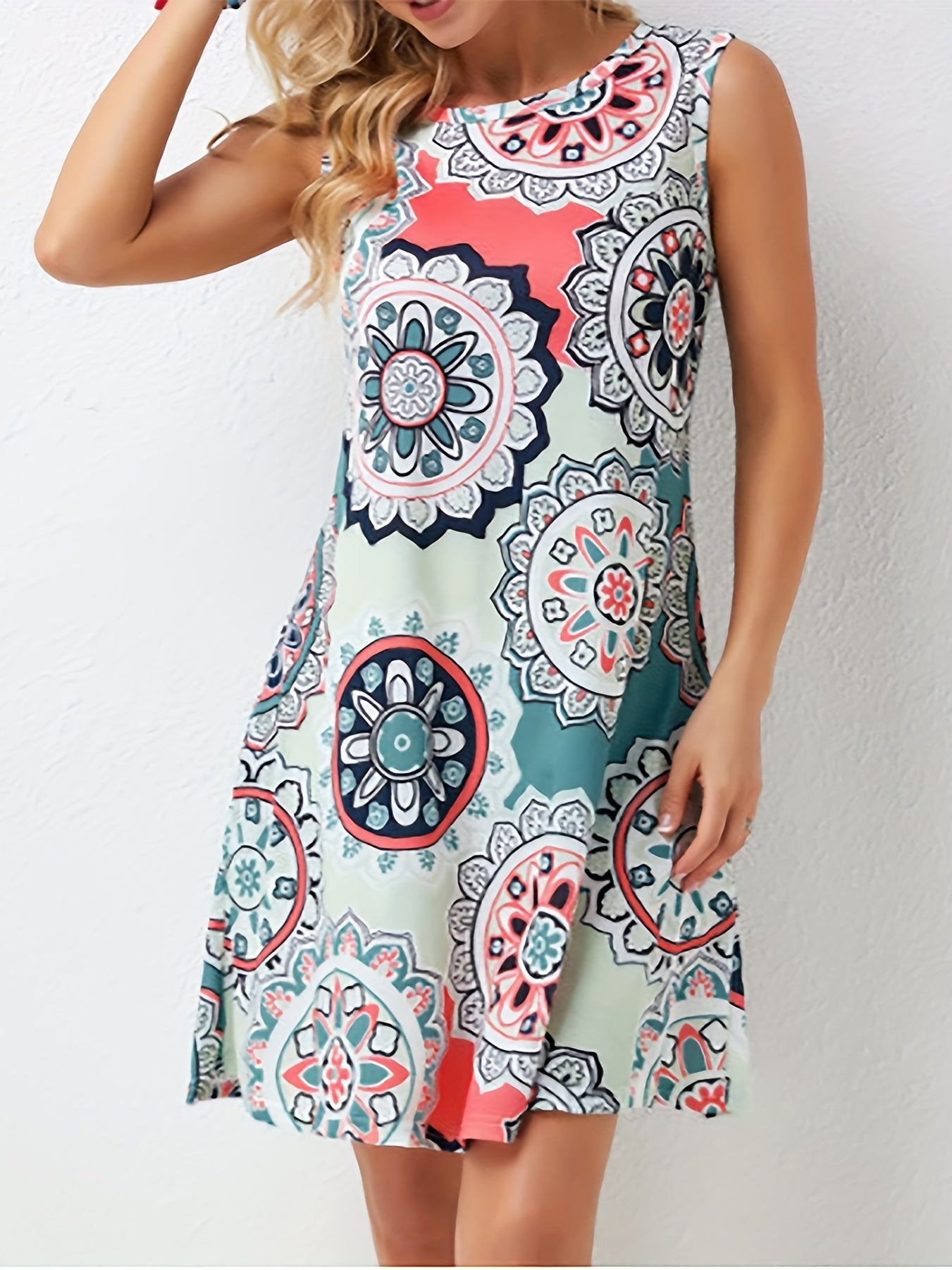 Sunflower Print Summer Dress Crew Neck Sleeveless Casual Dress