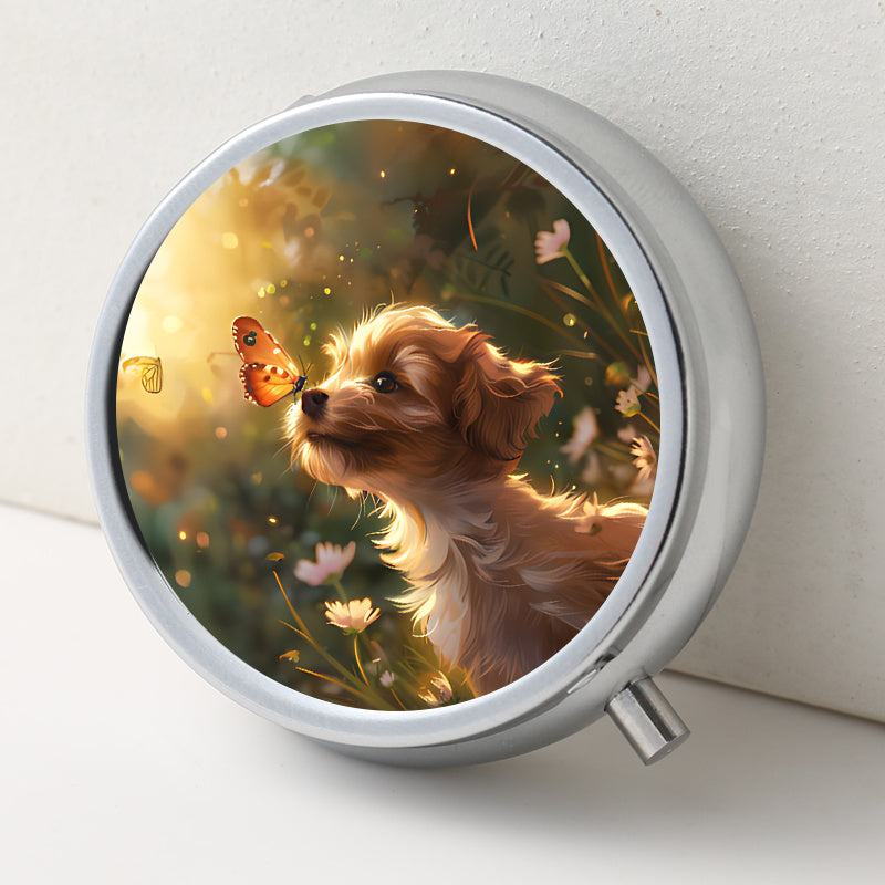 3 Compartment Pill Organizer Round Case with Puppy & Butterfly Print