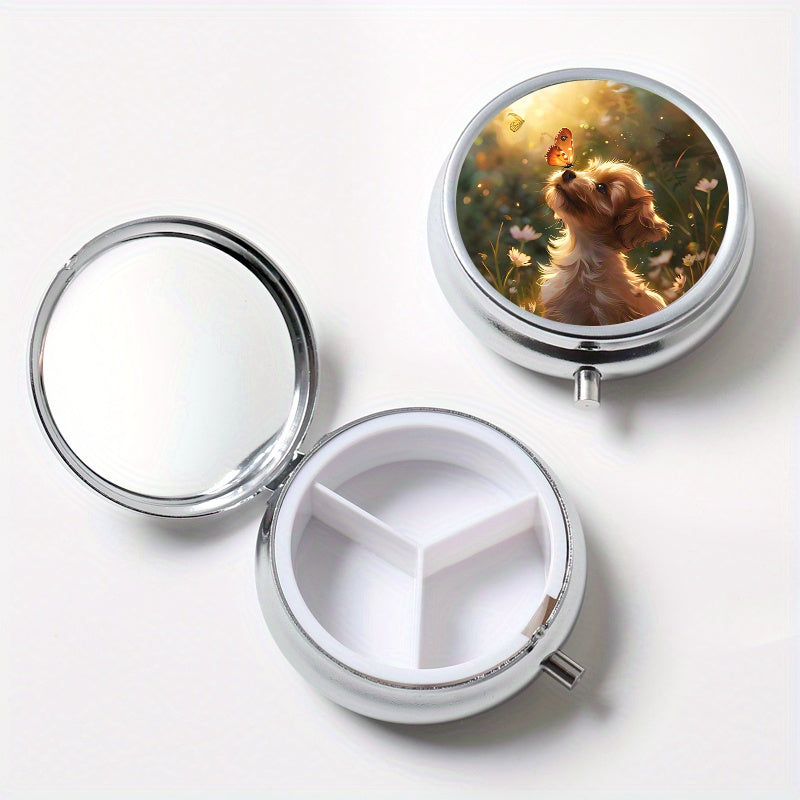 3 Compartment Pill Organizer Round Case with Puppy & Butterfly Print