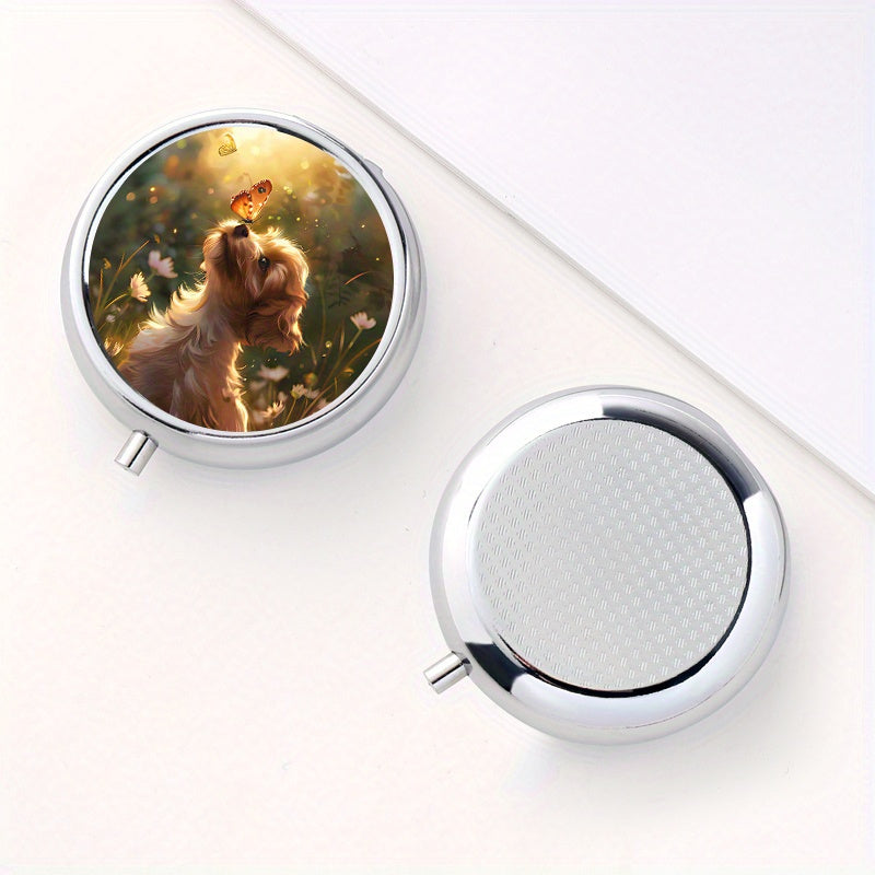 3 Compartment Pill Organizer Round Case with Puppy & Butterfly Print