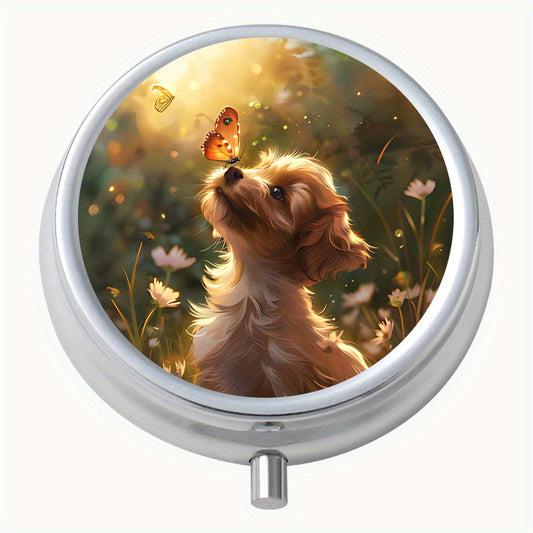 3 Compartment Pill Organizer Round Case with Puppy & Butterfly Print