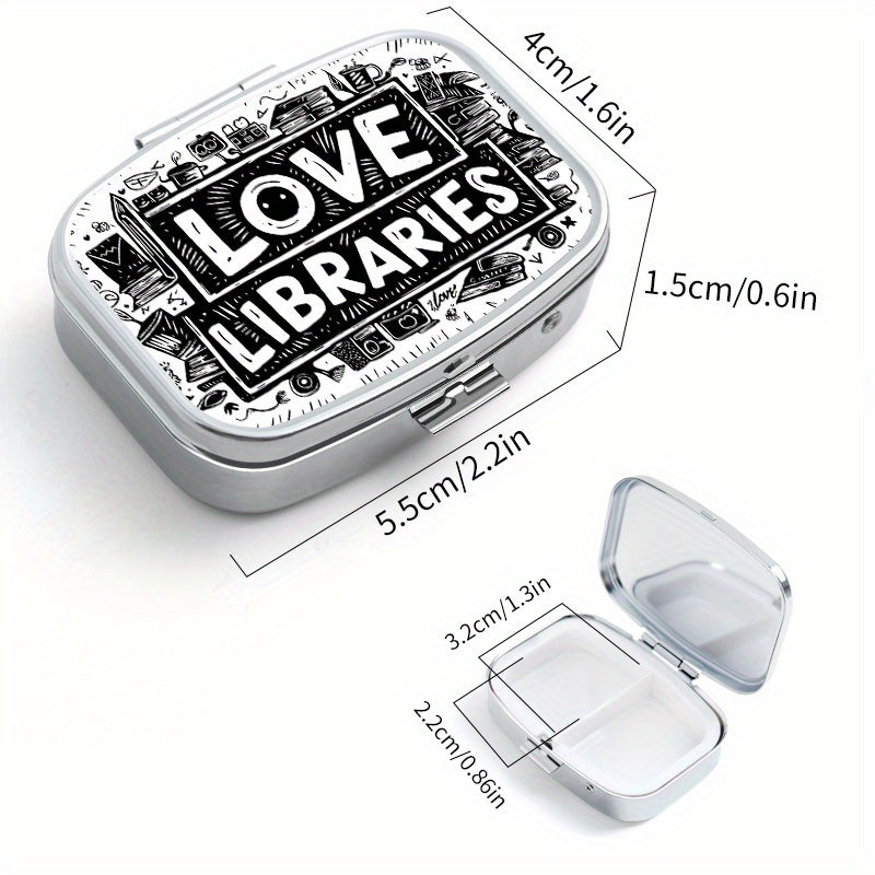 Portable Library Pill Organizer with 2 Compartments - Metal Medicine Box