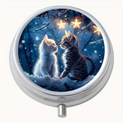 Couple Cat Pattern Round Pill Box 3 Compartment Mini Portable