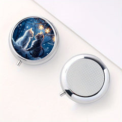Couple Cat Pattern Round Pill Box 3 Compartment Mini Portable