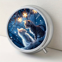 Couple Cat Pattern Round Pill Box 3 Compartment Mini Portable