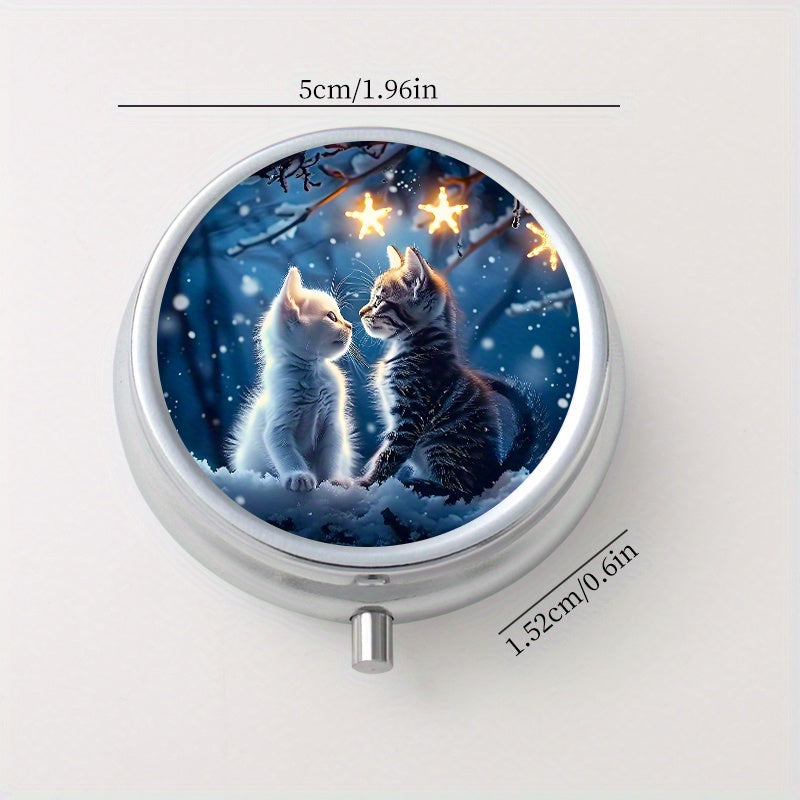 Couple Cat Pattern Round Pill Box 3 Compartment Mini Portable