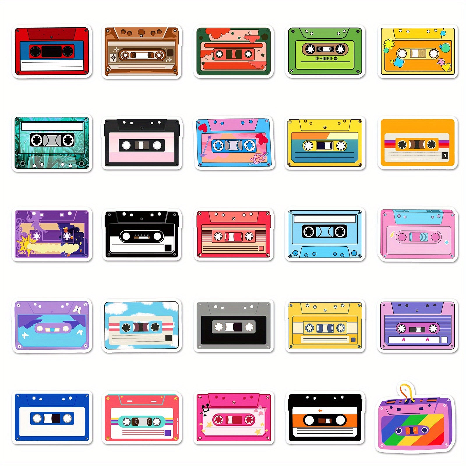 50pcs PVC Reusable Self Adhesive Cartoon Cassette Tape Stickers