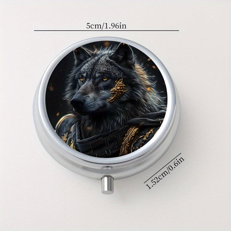 Armored Wolf Pattern Round Medicine Box Mini Portable Pill Box for Travel