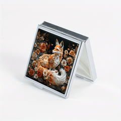 Floral Fox Pattern Square Pill Organizer 4 Compartment Medicine Box Metal Case