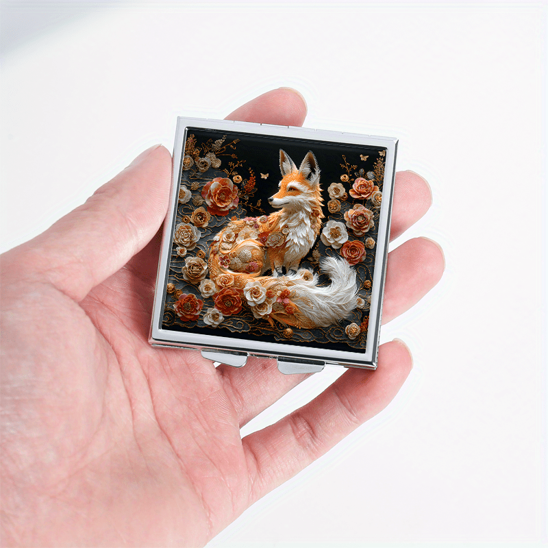 Floral Fox Pattern Square Pill Organizer 4 Compartment Medicine Box Metal Case