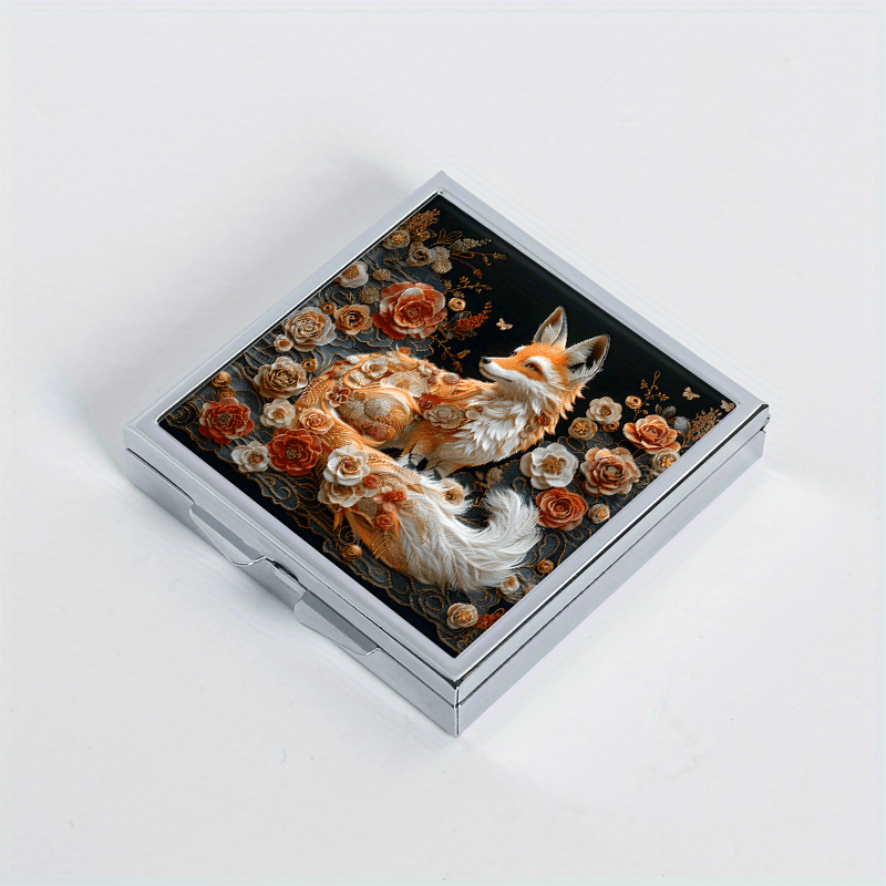 Floral Fox Pattern Square Pill Organizer 4 Compartment Medicine Box Metal Case